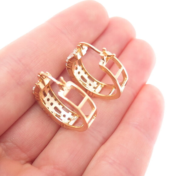 925 Sterling Silver Gold Plated Emerald & Round-Cut C Z Hoop Earrings - Picture 2 of 9